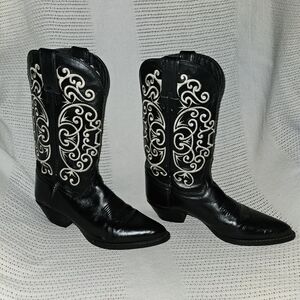 Women’s Black Leather Western Cowboy Boots with White Embroidery